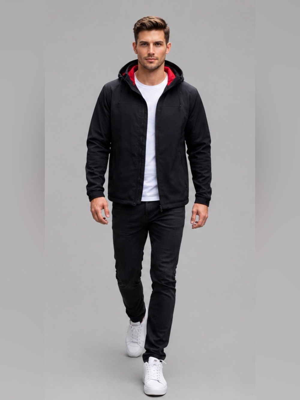 CSG Softshell Jacket Mens Large Black Red Fleece Lined Hooded Athletic Zip